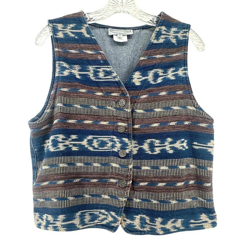 Stonebridge Womens Southwestern Tapestry Denim‎ Back Vest Blue Brown Size Small